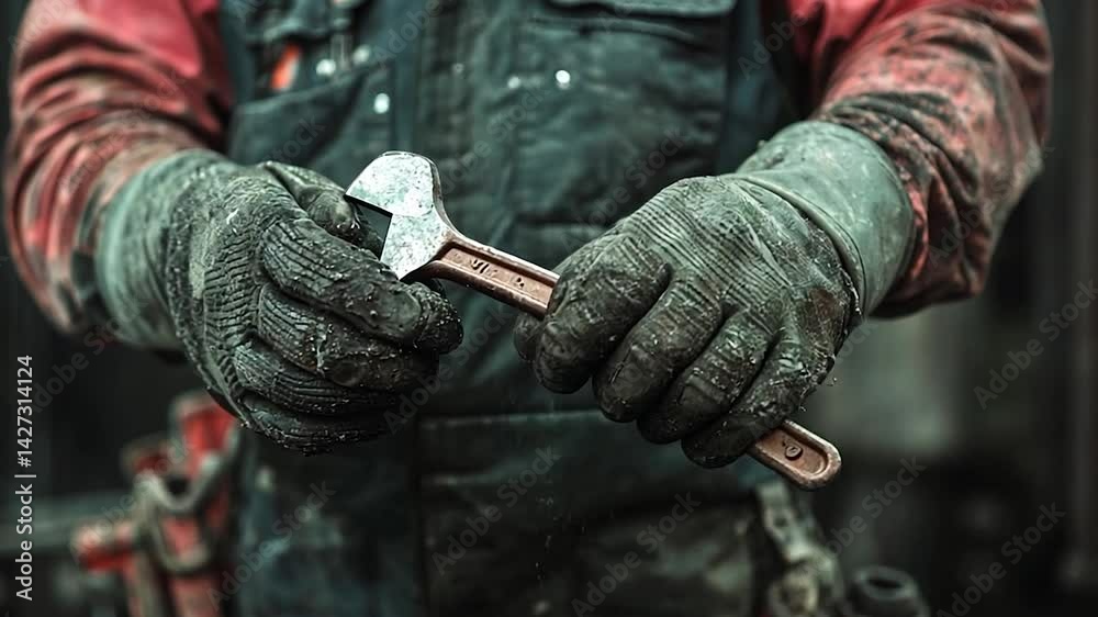 Worker Holding Wrench In Hands With Black Gloves and Red Overall Showing Industrial Tool Repairing Worker Holding Wrench In Hands With Black Gloves and Red Overall Showing Industrial Tool Repairing