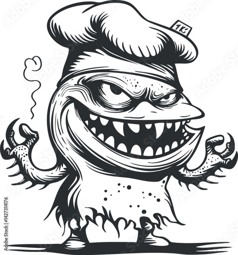 A humorous cartoon monster chef with an exaggerated grin and playful design, perfect for food-related themes.