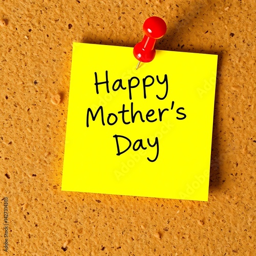 A yellow sticky note with happy mother's day written on it pinned to a textured cork board surface