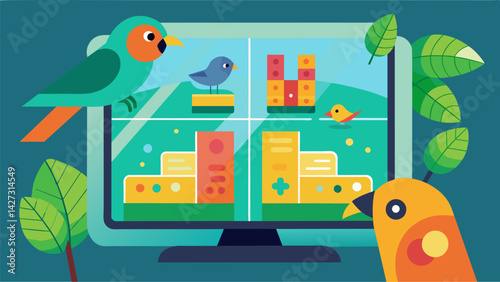 A bird aviary with touchscreen panels that display interactive puzzles and games to stimulate mental activity.. Vector illustration