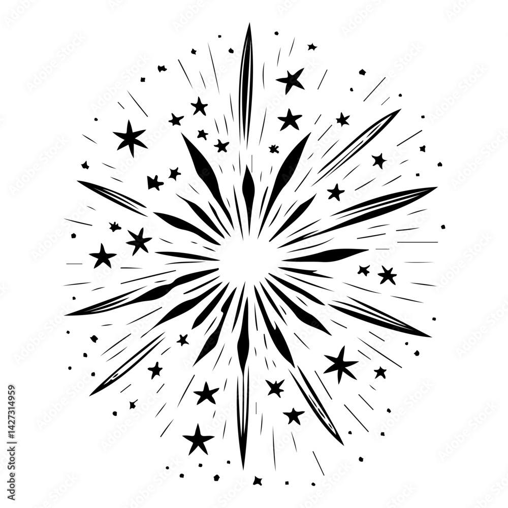 Hand Drawn Firework Burst with Stars and Rays Hand Drawn Firework Burst with Stars and Rays