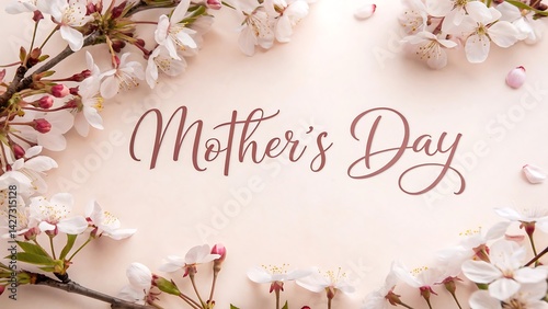 Mother's day message surrounded by white blossoms and pink buds on a light peach background