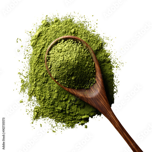 Matcha green powder pile, tea in wooden spoon isolated on black background, top view --v 7.0