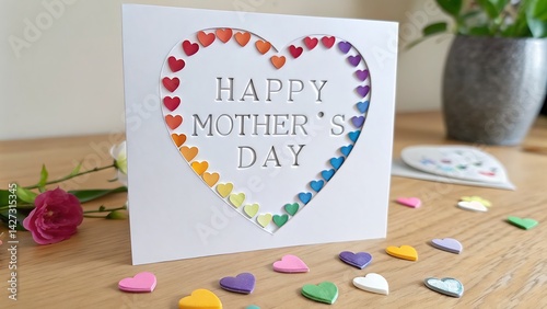 A happy mother's day card with colorful hearts on a wooden surface with flowers and a houseplant
