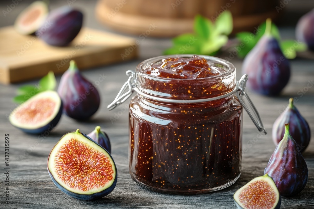 A glass jar of fig jam surrounded by fresh figs on a rustic wooden surface.