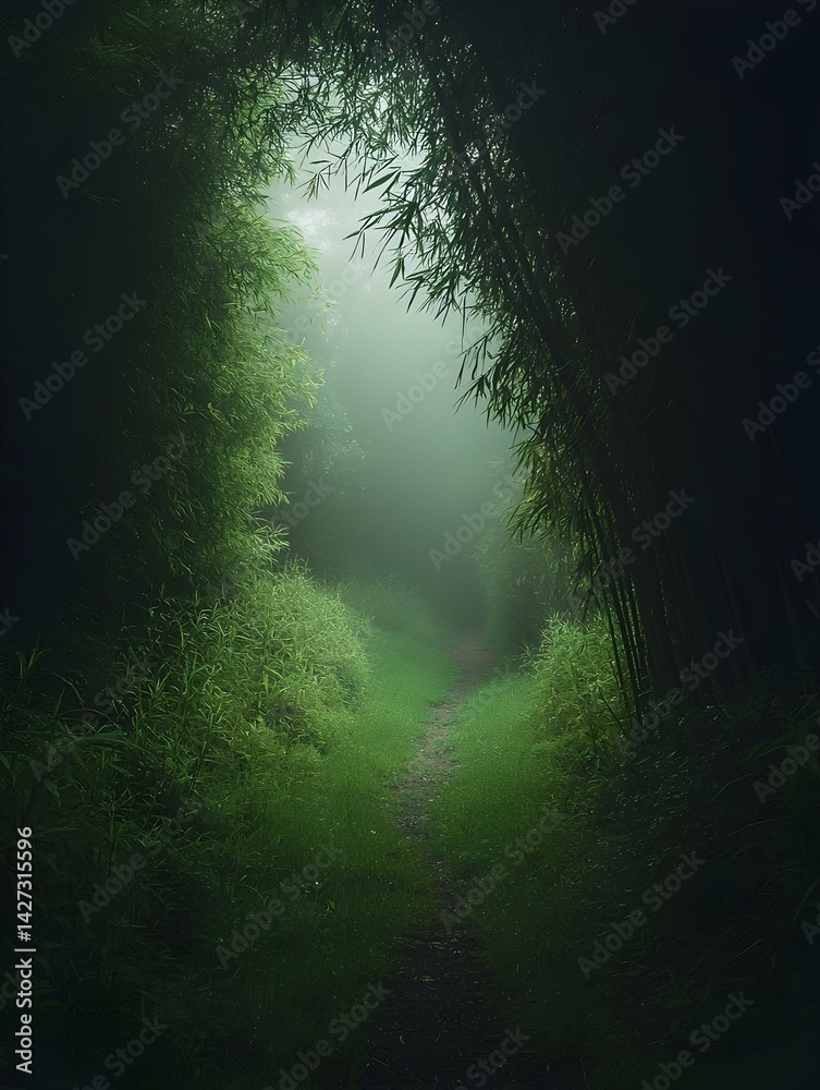 Fototapeta premium Mysterious path through foggy bamboo forest. A tranquil, green escape into nature's embrace.