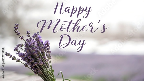 Happy mother's day message with a lavender bouquet in front of a blurred lavender field backdrop