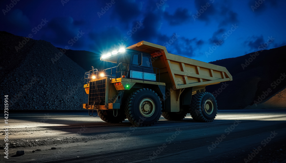 dump truck with bright headlights working in quarry at night, mining industry concept dump truck with bright headlights working in quarry at night, mining industry concept