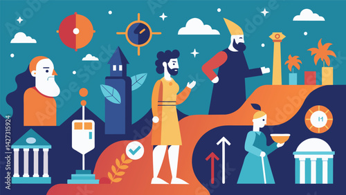 A journey through time with stoic principles depicted in various historical eras.. Vector illustration