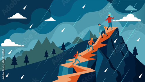 As a thunderstorm rages above competitors navigate narrow mountain paths the roar of the storm adding another challenge to the already difficult. Vector illustration
