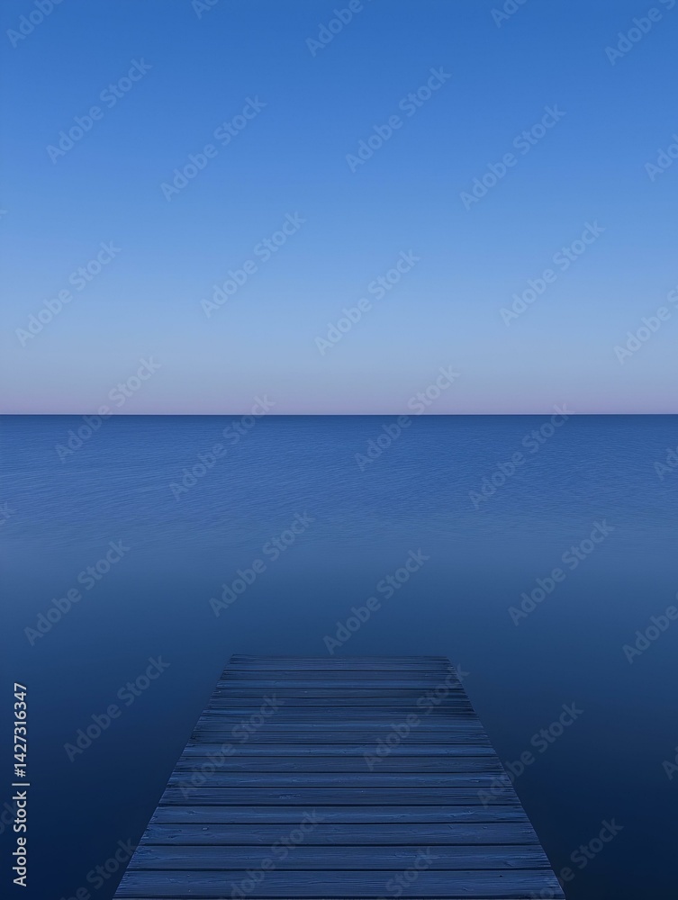Fototapeta premium Serene wooden dock extending into a calm, deep blue lake under a clear blue sky. Peaceful, minimalist landscape photography.