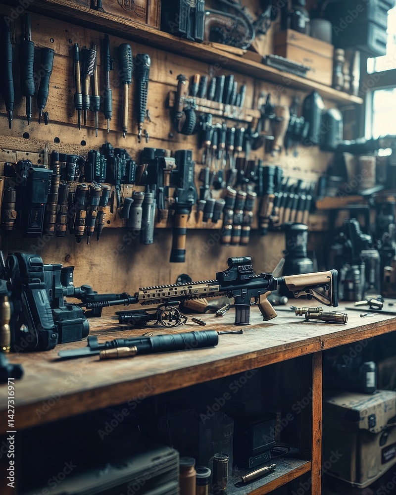 Fototapeta premium Detailed view of an armed workshop showcasing various gun accessories and tools on a wooden workbench.
