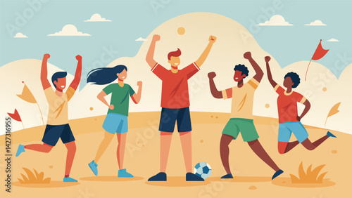 Adrenalinefueled celebrations erupting as a team scores the winning goal in the sand soccer championships.. Vector illustration