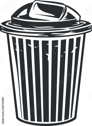Illustration of a striped trash bin designed for waste disposal and recycling purposes.