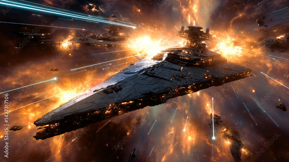 Fototapeta premium Humanity's Last Stand: Warship Fighting Against a Cosmic Battle Background. Massive Starship in Galactic Battle Scene