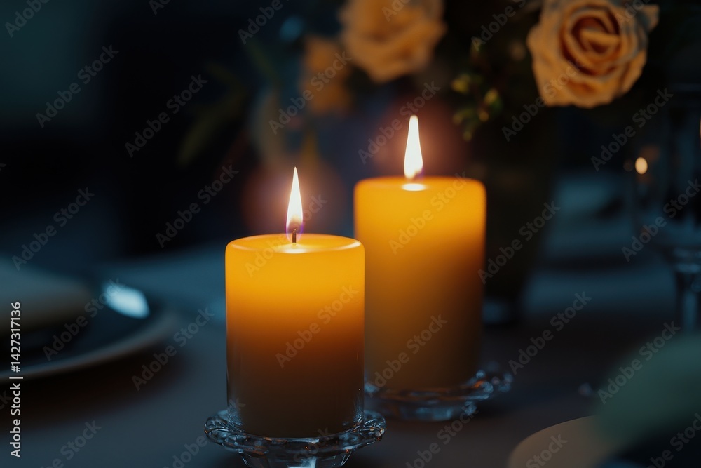 Two glowing candles on a dinner table surrounded by warm floral decorations. Two glowing candles on a dinner table surrounded by warm floral decorations.