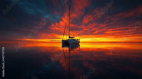Fiery Sunset Catamaran Serenity: A breathtaking sunset scene over calm waters