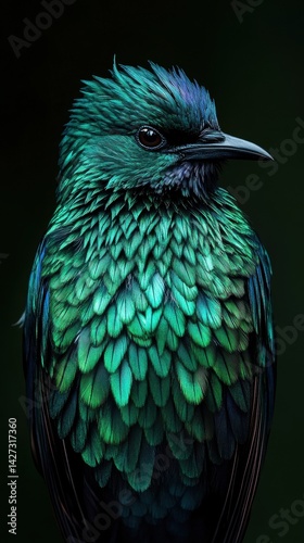 A stunning close-up of a vibrant bird displaying iridescent green and blue feathers against a dark background.