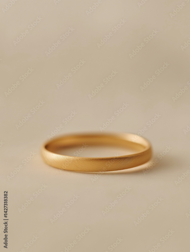 Single gold ring isolated on soft beige surface, minimal and modern style