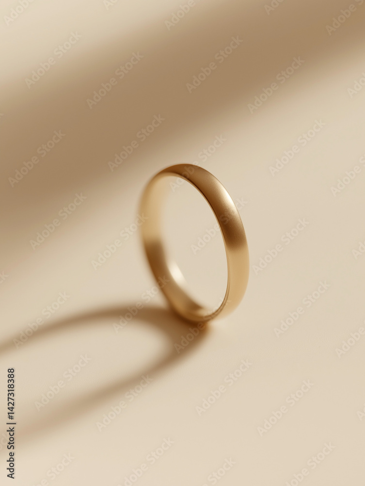 Minimal gold ring on beige background with soft natural light