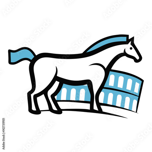 Hippodrome illustration featuring a horse and a historical building representing equestrian events and recreation