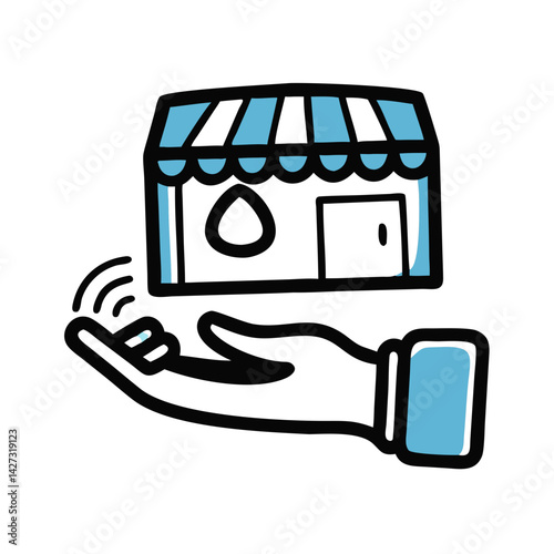 Pawnshop illustration featuring a hand and a storefront representing lending and buying services