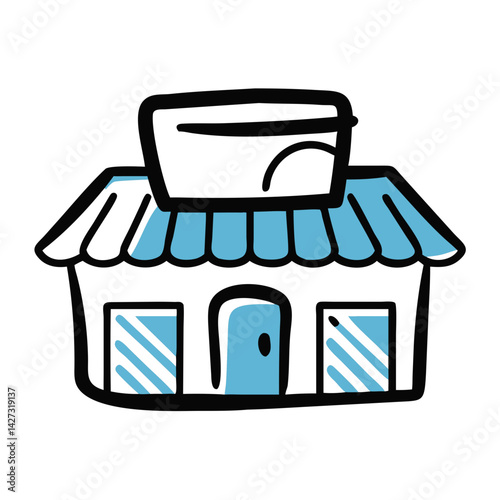 Shopping center illustration featuring a storefront representing retail and consumer experience