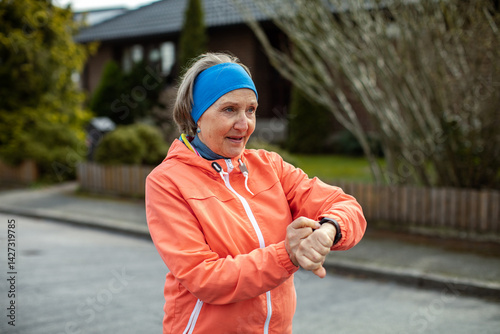 Senior caucasian woman using a smartwatch while out exercising and jogging on a sidewalk in the suburbs photo