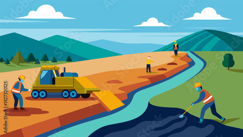 Heavy equipment operators carefully spread a layer of geocomposite drainage material over a large area of land helping to manage runoff and prevent. Vector illustration