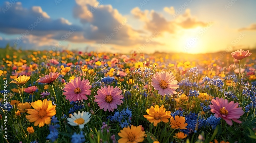 Fototapeta premium Photo Of Wildflower Meadow At Sunset With Colorful Blossoms And A Golden Sky