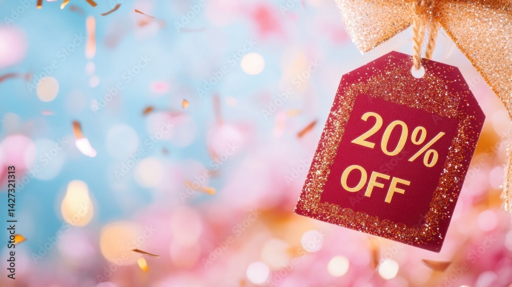 A bright discount tag displaying 20 percent off is suspended amidst colorful confetti in a cheerful celebration atmosphere