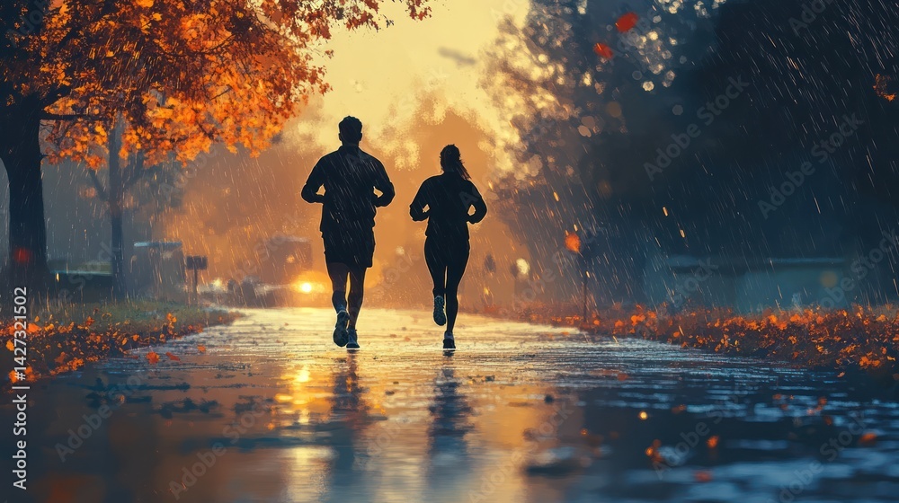 Fototapeta premium Silhouetted couple jogging on wet pavement amidst falling autumn leaves in rain