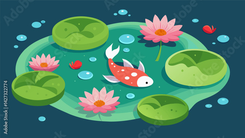 A small pond adorned with lily pads and koi fish serves as a symbol of Stoic resilience and harmony with nature.. Vector illustration