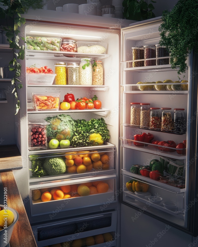 Bright and organized refrigerator filled with fresh fruits, vegetables, and healthy snacks in a modern kitchen. Bright and organized refrigerator filled with fresh fruits, vegetables, and healthy snacks in a modern kitchen.
