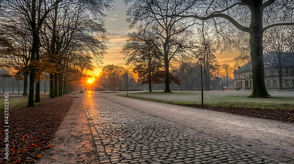 Autumn Sunrise Pathway Through Park Autumn Sunrise Pathway Through Park