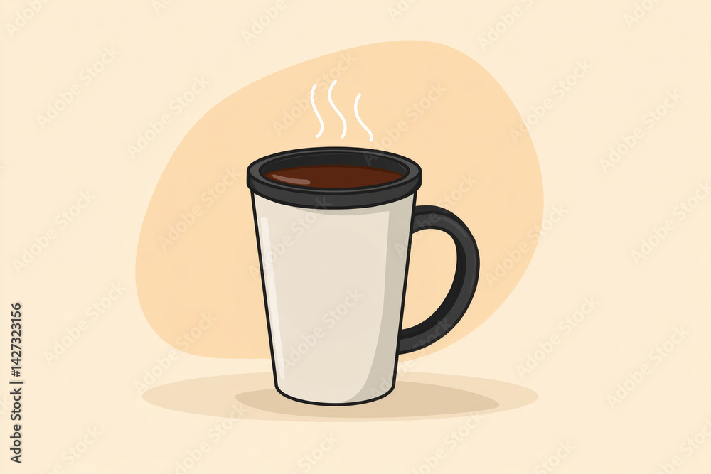 Cartoon mug filled with hot coffee on beige background
