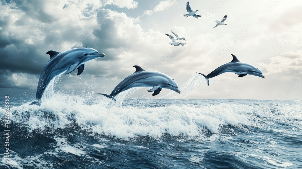 Obraz premium Dolphins leaping amidst ocean waves under a cloudy sky with flying seagulls