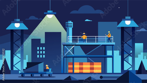 Despite the darkness the construction site is a welllit maze of steel and concrete with the bright floodlights guiding the workers through their. Vector illustration