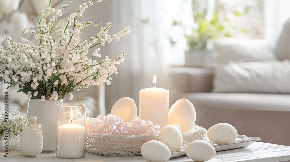 Egg-shaped candles and pastel flower arrangements in a calm Easter ambiance Egg-shaped candles and pastel flower arrangements in a calm Easter ambiance