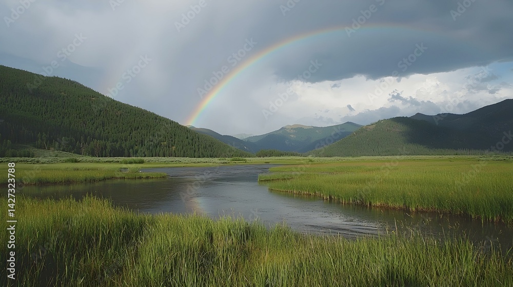 Serene mountain lake scene with a double rainbow after a rain shower. Serene mountain lake scene with a double rainbow after a rain shower.