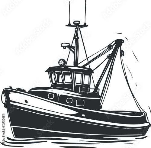 A black and white illustration of a tugboat on the water showcasing maritime industry.