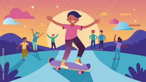 A young skateboarder proudly displays their talent on a small ramp surrounded by supportive and cheering fellow skaters at the summer expo.. Vector illustration
