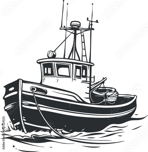 Illustration of a fishing boat navigating through ocean waves with fishing gear onboard