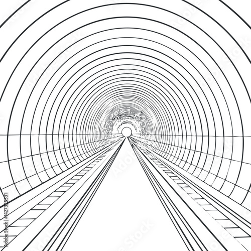 A minimalist black and white illustration of a tunnel showcasing geometric lines and depth.