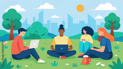 A group of remote workers sitting in a park enjoying the sunshine and each others company while working towards their financial goals.. Vector illustration