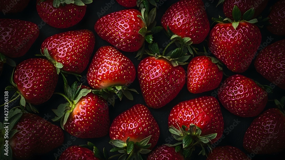 Close-up shot of many fresh, ripe red strawberries on a dark background. Perfect for food blogs, recipes, or healthy eating content. Close-up shot of many fresh, ripe red strawberries on a dark background. Perfect for food blogs, recipes, or healthy eating content.