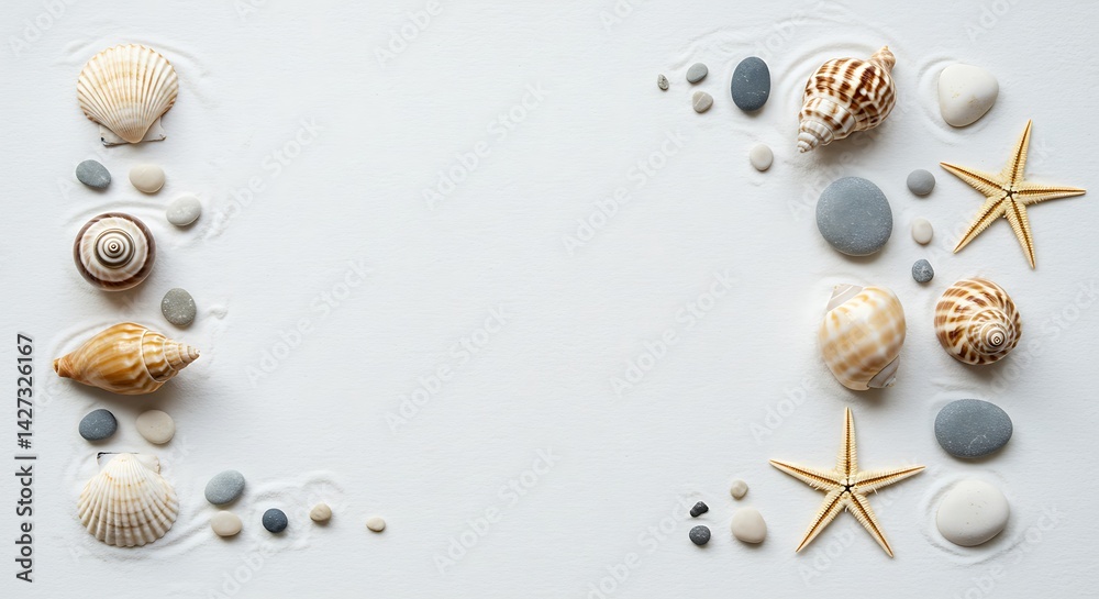 Obraz premium Seashells and Pebbles Arranged on White Sand Background