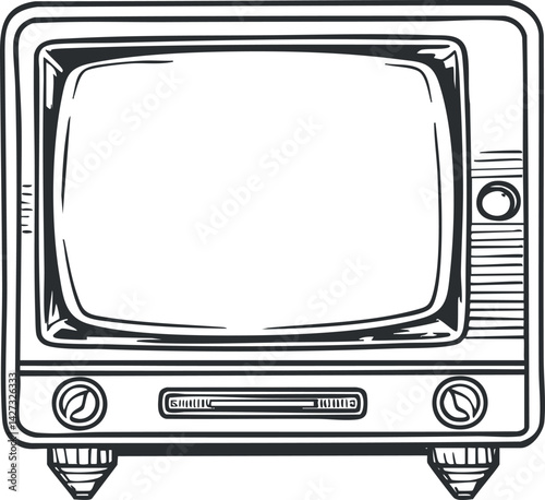 A vintage black and white television set illustration with a blank screen and classic design.