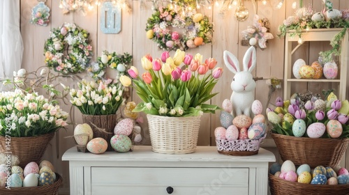 Indoor Easter display with potted tulips, bunny ears, and egg-themed accents on cabinet