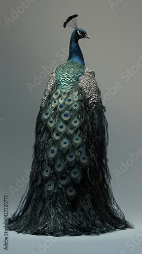 Majestic peacock displaying its vibrant plumage against a neutral background.